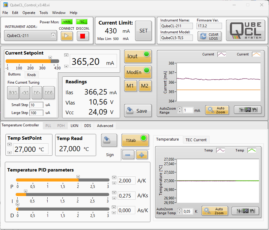QubeCL control software main screen