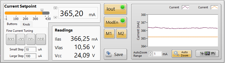 The QubeCL_Control software current driver panel