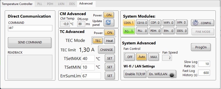 The QubeCL_Control software Advanced tab