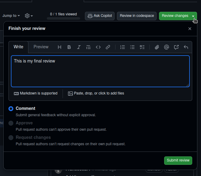 Finish and submit a review of a pull request